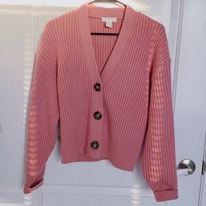 Pink Ribbed Button-Up Cardigan Sweater